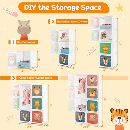 HONEY JOY Kids Wardrobe Closet, Baby Cartoon Clothes Storage Organizer, 8 Cubes & 2 Hanging Sections, Portable Children DIY Modular Bedroom Armoire Dresser Cabinet for Boys Girls (White)