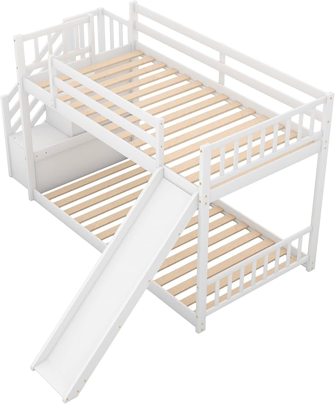 Twin Over Twin Low Bunk Bed with Slide and for Storage Staircase for Teens, Boys or Girls, No Box Sping Needed