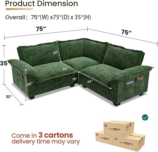 KKL V-Shaped Modular Sectional Sofa, 3 Seater Cloud Couch, Chenille Sectional Couches for Living Room, Apartment, Green