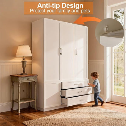 72" Armoire Wardrobe Closet with 3 Door Wooden Bedroom Armoire with LED Light 3 Drawers Large Modern Wardrobe Cabinet with Retro Ceramic Door Handles and Removable Hanging Rod White