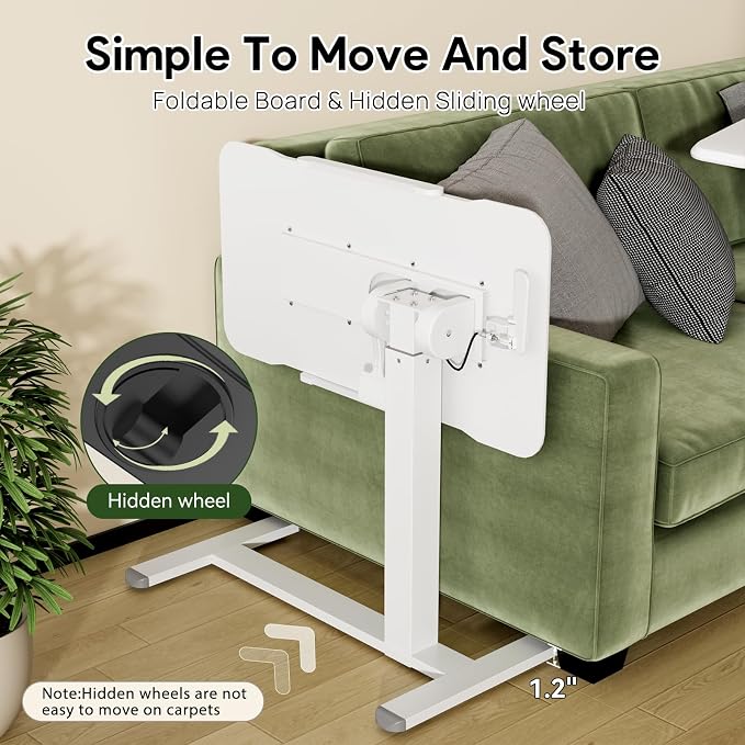 Gibbon Mounts 32inch Rolling Laptop Desk, 180° Tiltable Mobile Standing Desk Height Adjustable, Overbed Bedside Table, Portable Computer Desk with Lockable Wheels, Foldable Cart for Home Office, White