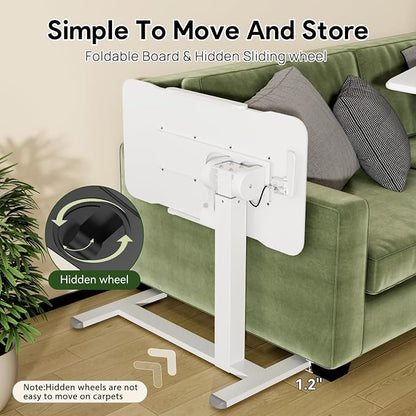 Gibbon Mounts 32inch Rolling Laptop Desk, 180° Tiltable Mobile Standing Desk Height Adjustable, Overbed Bedside Table, Portable Computer Desk with Lockable Wheels, Foldable Cart for Home Office, White