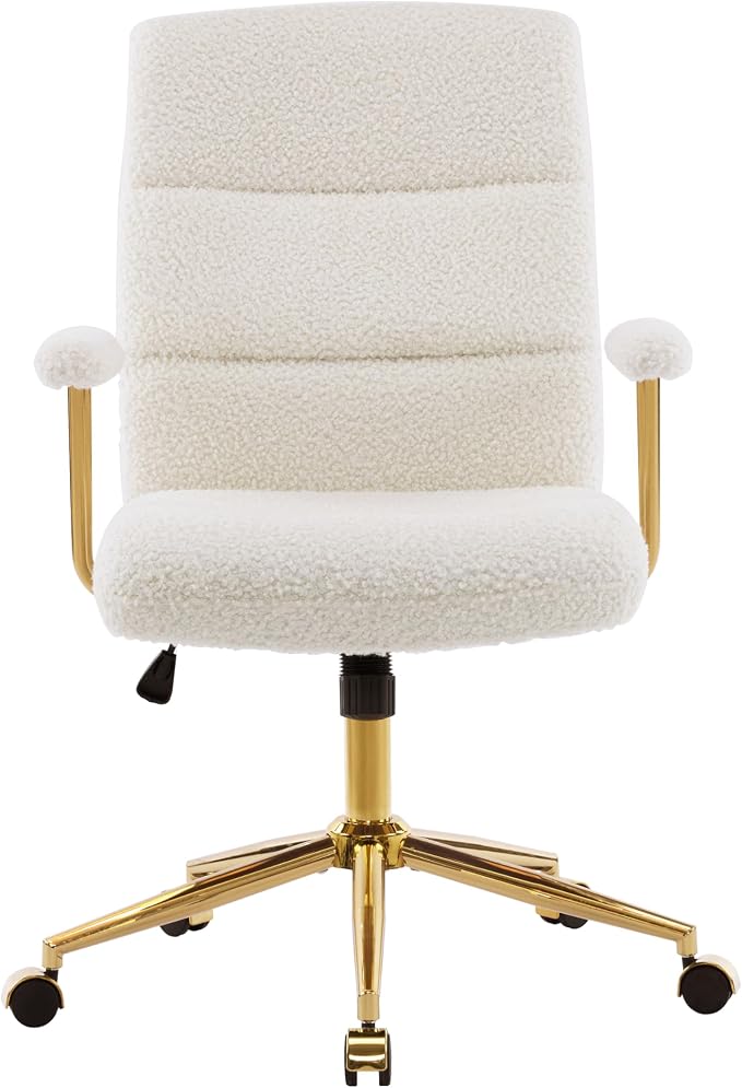 Techni Mobili Boucle Office Chair, Adjustable Desk Chair, White & Gold | White boucle office chair, gold base, padded seat, height adjustable, modern desk chair, textured fabric, swivel, ergonomic