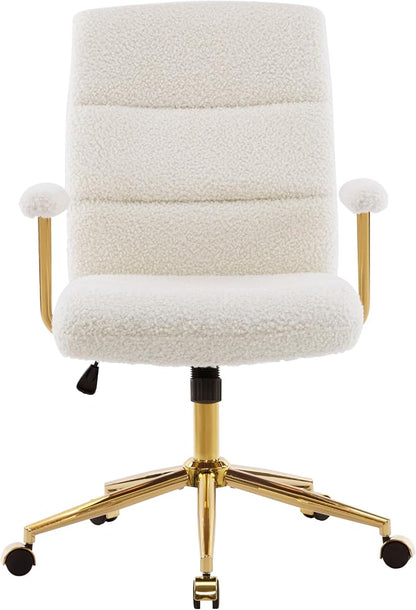 Techni Mobili Boucle Office Chair, Adjustable Desk Chair, White & Gold | White boucle office chair, gold base, padded seat, height adjustable, modern desk chair, textured fabric, swivel, ergonomic