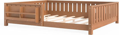 Bellemave Queen Size Floor Bed with Slats and Guardrails, Queen Size Montessori Floor Bed with Bookcase and Fence, Low Profile Montessori Beds for Kids, Natural Floor Beds Frame