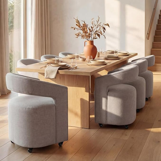 HNY 360° Swivel Upholstered Dining Chairs with Wheels Set of 6 – Soft Linen Fabric, Barrel Back Design, Rolling Kitchen Seating for Living Room, Makeup Vanity, Reception, Light Grey