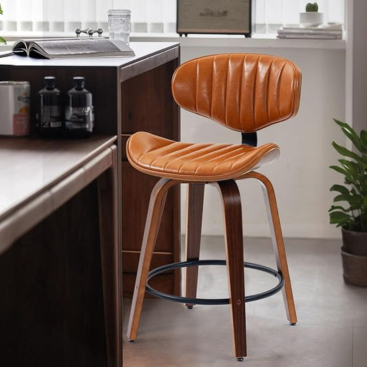Swivel Bar Stools, 24 inch PU Leather Wooden Bentwood Barstools Counter Height Modern Breakfast Bar Chairs with Backrest and Footrest for Kitchen Island, Dining Room, Bar D035-Brown-1