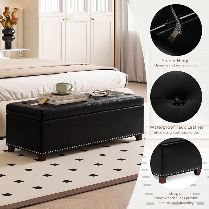 Joveco 47 Inch Storage Ottoman Bench,Tufted Leather Storage Bench with Nailhead Trim for Bedroom (47”,Black)