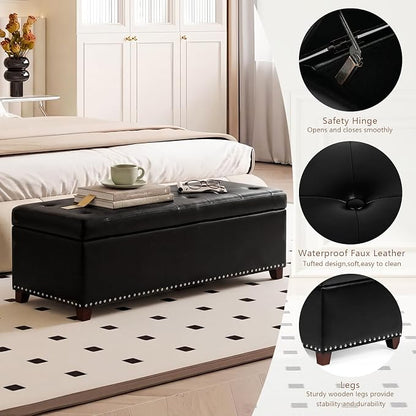Joveco 47 Inch Storage Ottoman Bench,Tufted Leather Storage Bench with Nailhead Trim for Bedroom (47”,Black)