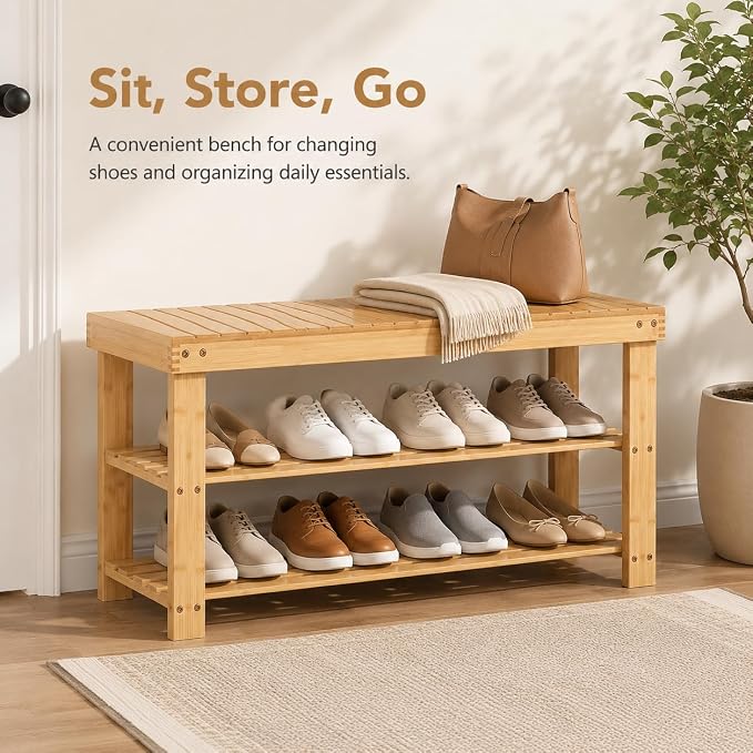 Shoe Rack Bench, 3-Tier Shoe Storage Organizer for Entryway , Shoe Shelf for Small Spaces, Multi-Functional Side Table Plant Stand, Shoe Stand for Bedroom, Living Room, Closet, Front Door, Natural