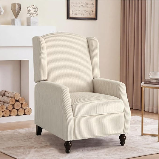 Upholstered Wingback Recliner Chair, Cozy Corduroy Manual Push Back Recliner for Living Room, Bedroom (1, Beige)