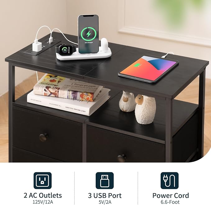 Yoobure Night Stand with Charge Station, Nightstand with 4 Drawers Bedside Table, LED Dresser with Storage Shelf, Night Stands for Bedroom, Side Table 3-Tier Wood End Table for Home, Office Black