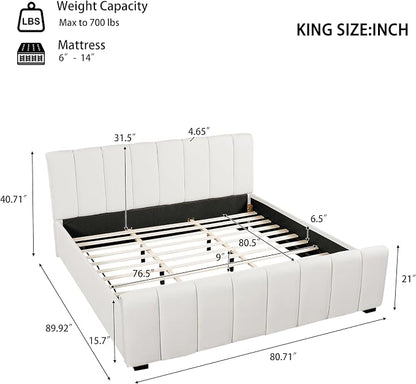 Merax King Size Upholstered Platform Bed with Thick Headboard and Footboard, Block Style Linen Fabric Bed Frame with Solid Wood Legs, Beige