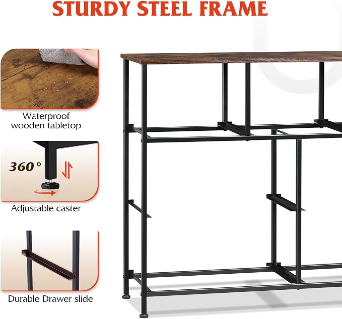 WLIVE 7 Drawer Dresser TV Stand, Entertainment Center, Media Console Table with Metal Frame and Wood Top for TV up to 45 inch, Chest of Drawers for Bedroom, Living Room, Black and Rustic Brown