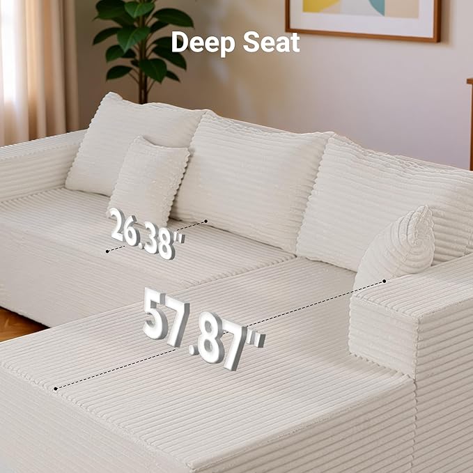 Claiks 104" Boneless Couch, Cloud Couch Sectional, L-Shape Corduroy Modular Sectional Sofa Deep Seat, Upholstered Couches for Living Room, No Assembly Required, Beige, Right Facing Chaise