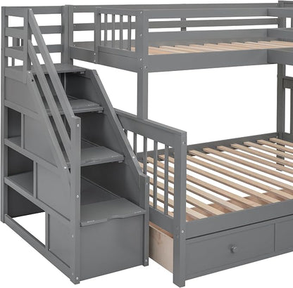 L-Shaped Bunk Bed for 4 Kids, Twin-Twin Over Full with 3 Drawers, Portable Desk and Wardrobe, Solid Wood Bedframe with Stairs and Full-Length Guardrails, No Box Spring Needed (Gray)