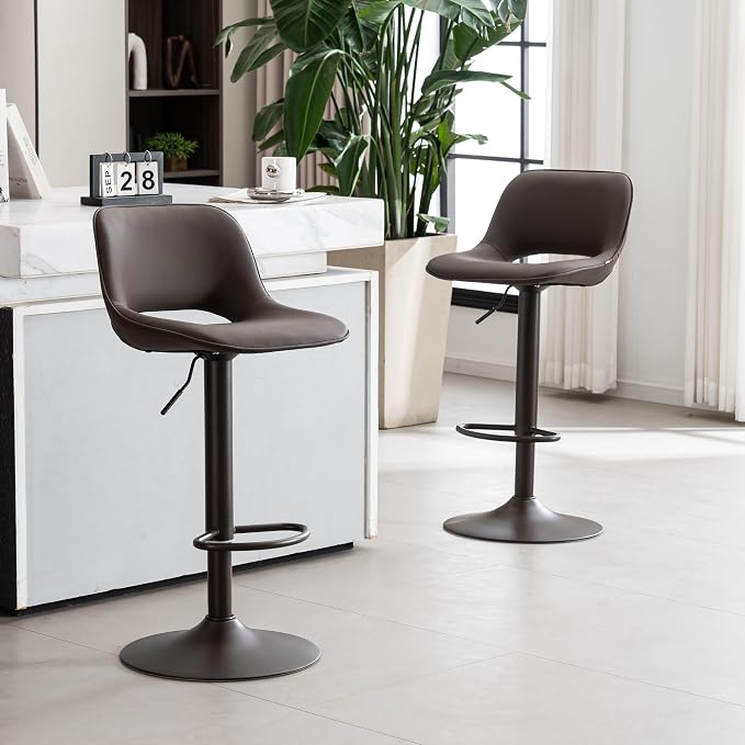 YOUNIKE Bar Stools Set of 2 Modern Swivel Barstools, Compact Adjustable Counter Height Bar Stools Faux Leather Upholstered Counter Stools with Hollow Back for Kitchen Island, Brown