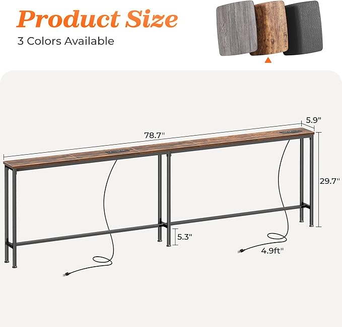 SUPERJARE 79 Inch Sofa Table with 2 Power Outlets and USB-C Ports, 5.9 Inch Narrow Console Table with Storage, Long Entryway Hallway Couch Table Behind Sofa, Small Spaces, Rustic Brown AST001Z