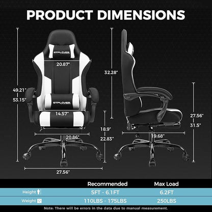 GTPLAYER Gaming Chair, Computer Chair with Footrest and Lumbar Support, Height Adjustable Game Chair with 360°-Swivel Seat and Headrest and for Office or Gaming (Fabric, Black White)
