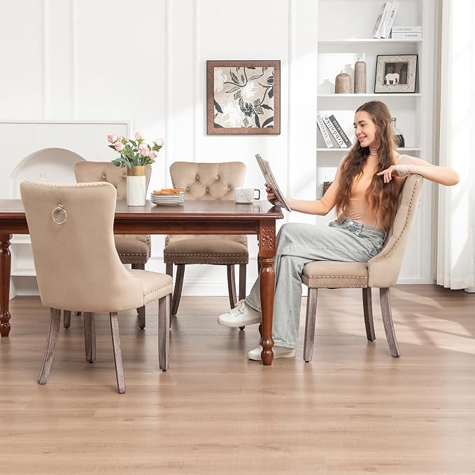 Hixkol Velvet Dining Chairs Set of 2,Upholstered Dining Chairs with Ring Pull Trim and Button Back,Modern Seating for Kitchen, Bedroom & Living Room(Khaki)