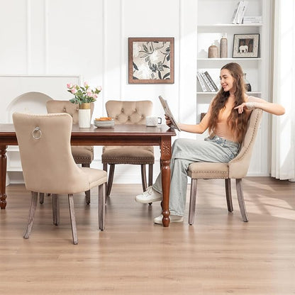 Hixkol Velvet Dining Chairs Set of 4,Upholstered Dining Chairs with Ring Pull Trim and Button Back,Modern Seating for Kitchen, Bedroom & Living Room(Khaki)