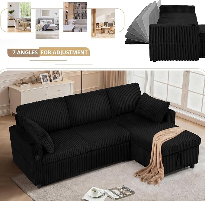 84" Corduroy Upholstered Sofa Bed w/Adjustable Backrests, Convertible Pull Out Sofa Bed w/USB Ports, L-Shape Sectional Sleeper Couch w/Cup Holder for Living Room,Apartment, Black