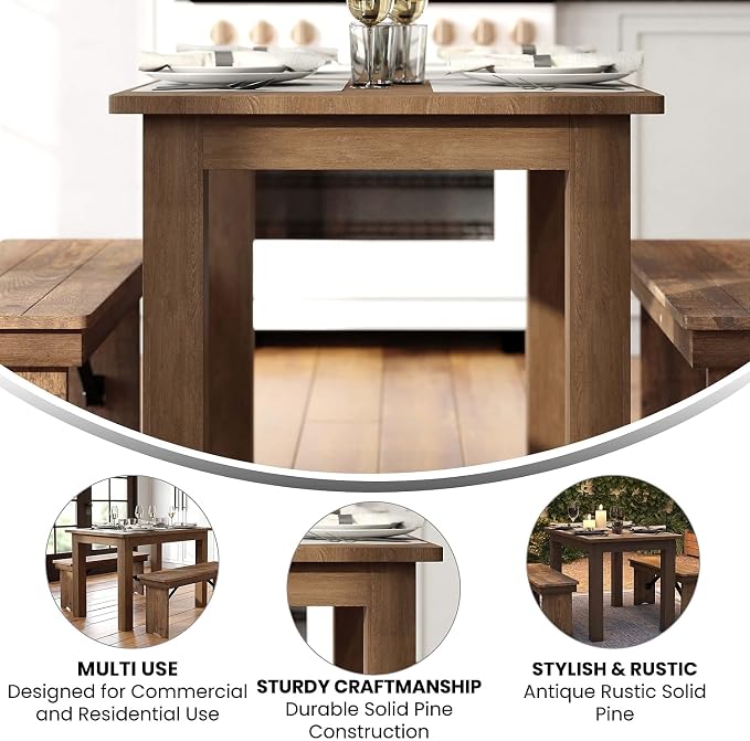 Flash Furniture HERCULES 46" x 30" Rectangular Antique Rustic Solid Pine Farm Dining Table