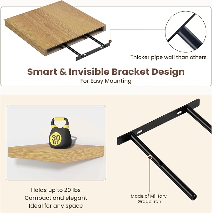 Fun Memories Square Floating Shelves for Wall - 12 Inch Deep Floating Shelves with Invisible Brackets, Oak Small Wall Shelf for Living Room, Bathroom, Bedroom, and Kitchen Decor Set of 4