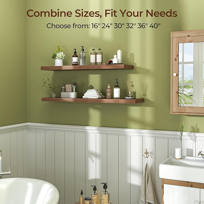 Fun Memories Floating Shelves for Wall 36 Inch Set of 3, Farmhouse Floating Shelves with Invisible Heavy Duty Bracket, 10 Inch Deep Bathroom Shelves for Storage, Living Room, Kitchen, Decor, Brown
