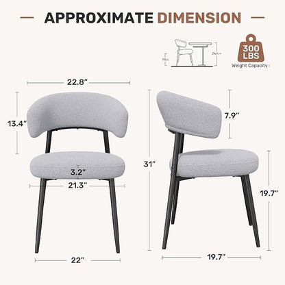Dining Chairs Set of 4, Mid Century Modern Dining Chairs, Boucle Upholstered Kitchen Chair with Curved Backrest & Metal Legs for Dining Room, Grey