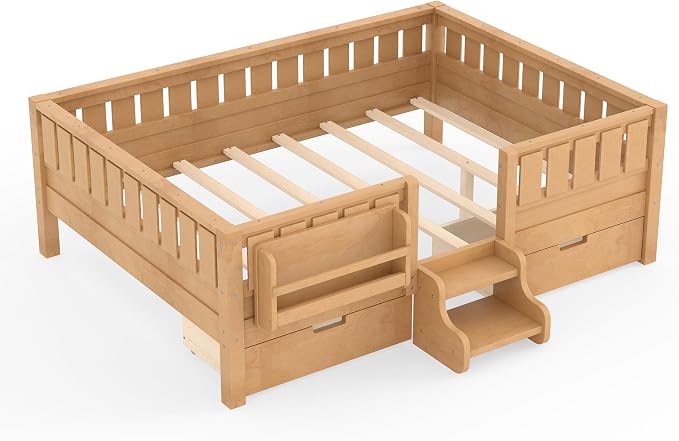 Bellemave Full Floor Bed with Stairs, Rails and Slats, Full Size Montessori Floor Bed with Bookshelf and 2 Storage Drawers, Easy Assemble Montessori Beds Frame for Girls, Boys, Light Natural