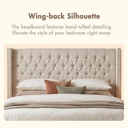 Madison Park Amelia Upholstered Headboard | Nail Head Trim Wingback Button Tufted | Queen, Cream