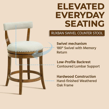 ROME + OAK Ruxban 26" Counter Stool, Low Back Swivel Barstools in Weathered Oak Finish with Sand Fabric Upholstery Seat - Indoor Home Furniture