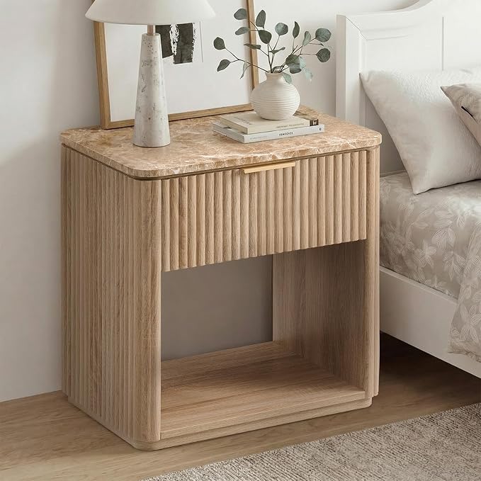 Fluted Nightstand with Faux Marble Top, Modern Bedside Table | FSC-Certified Engineered Wood, 24" H, 1 Drawer and 1 Storage Shelf, Rounded Corner, Metal Handle, for Bedroom, Natural Oak