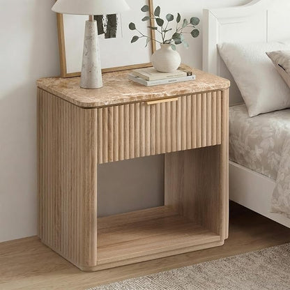Fluted Nightstand with Faux Marble Top, Modern Bedside Table | FSC-Certified Engineered Wood, 24" H, 1 Drawer and 1 Storage Shelf, Rounded Corner, Metal Handle, for Bedroom, Natural Oak