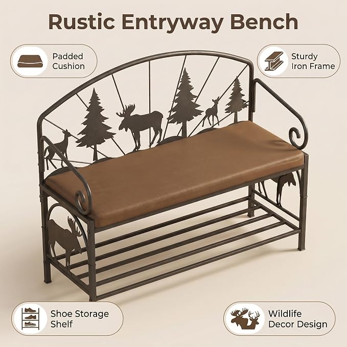Bluecat 41.3" Entryway Shoe Bench,Rustic Metal with Forest Design, Padded Cushion Shoe Rack Bench for Hallway, Foyer, Cabin, Farmhouse Decor, Easy Assembly