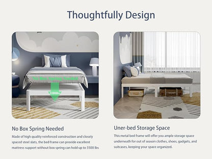 White Twin Size Bed Frames 12 Inch, Metal Platform Twin Bed Frame No Box Spring Needed, Heavy Duty Steel Support 3500 LBS, DIY Headboard, Round Legs, Noiseless, Storage Space, Easy Assembly