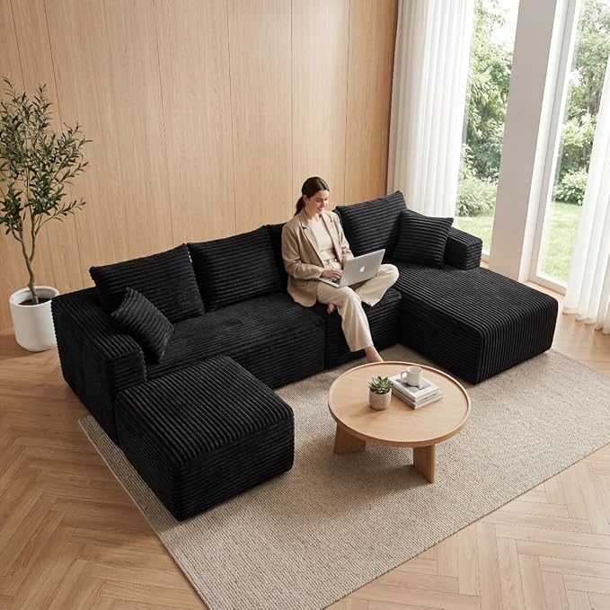 118" Modular Sectional Sofa with Chaise and Ottoman, Oversized U-Shaped Corduroy Cloud Couch, Deep Seat Boneless Couch for Living Room, No-Assembly - Black (Right Facing Chaise)
