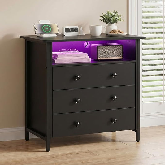 27 Inch LED Nightstand with Charging Station & 3 Drawers, Black | Solid Wood and Steel Frame, 2 AC Outlets, 2 USB Ports, RGB App Control, Open Storage, Adjustable Feet, for Bedroom or Office