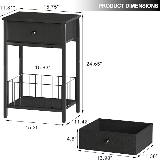 Small nightstand, Bed Side Tables Bedroom, Black Side Table, end Table with Drawer, one Drawer nightstand, Black end Table LNT0061BK