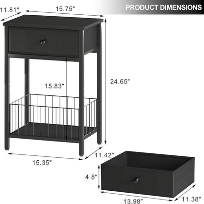 Nightstands Set of 2 with PU Leather Front Drawer, 3-Tier End Table with Bottom Mesh Basket, Industrial Bedside Tables for Bedroom, Black