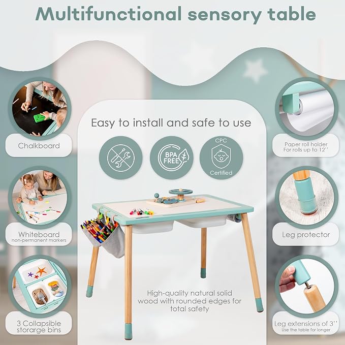 Sensory Table for Toddlers Wooden Montessori Adjustable Activity Table | Toddlers sensory table · adjustable height · 3 bins · Montessori play · activity table · 3 storage bags