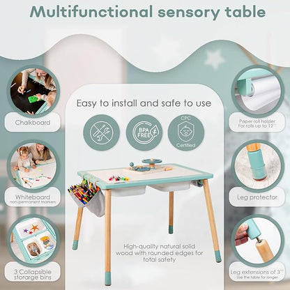Sensory Table for Toddlers Wooden Montessori Adjustable Activity Table | Toddlers sensory table · adjustable height · 3 bins · Montessori play · activity table · 3 storage bags