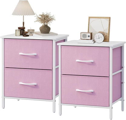 Stero Nightstand Set of 2, Kids Dresser with 2 Drawers, Steel Frame Bedside Furniture, Wood Top Fabric Night Stand, Colorful End Table for Home, Bedroom, Office, Pink