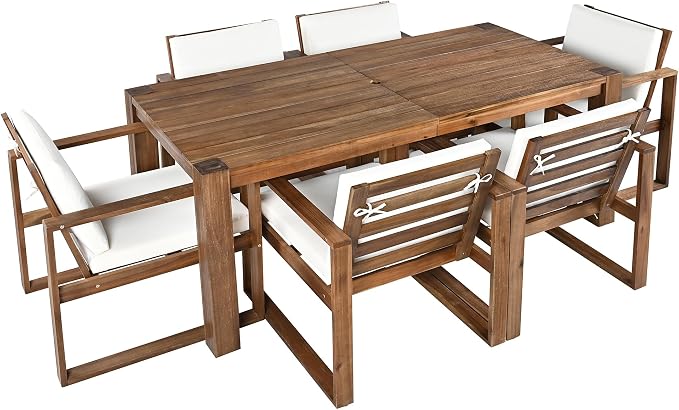 Patio Table and Chairs Set, Outdoor Dining Set for 6 with Umbrella Hole, 7 Piece Outdoor Patio Furniture Set Wood Frame with Removable Cushion for Garden, Backyard