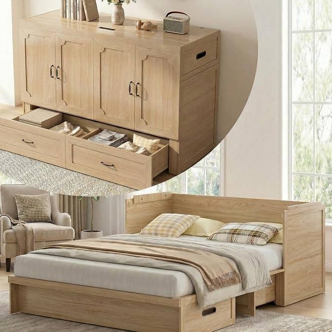 Mjkone Murphy Bed, Queen Hidden Cabinet Bed with Built-in USB Charging Station and 2 Storage Drawers, Murphy Wall Beds Cabinet Beds for Living Room, Guest Room, Apartment, Natural Wood (No Mattress)