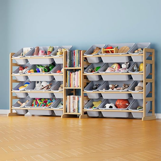 SpaceAid Large Toy Storage Organizer with 24 Bins and 3 Shelves, Toy Organizers Storage Bookshelf, Kids Bin Shelf Box Bookcase for Bedroom Playroom Organization Room Decor, Neutral Gray