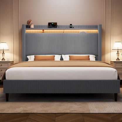 King Bed Frame with 55.3" Tall Headboard, Corduroy Upholstered Platform Bed with LED Lights & Charging Station, Wingback Storage Headboard, Solid Wood Slats,Noise Free,No Box Spring Needed,Dark Grey