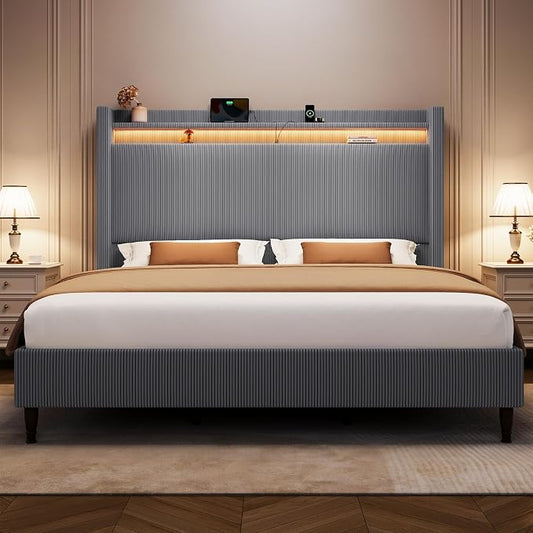 King Bed Frame with 55.3" Tall Headboard, Corduroy Upholstered Platform Bed with LED Lights & Charging Station, Wingback Storage Headboard, Solid Wood Slats,Noise Free,No Box Spring Needed,Dark Grey