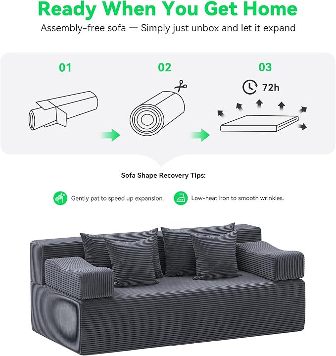 MONVANE 3-Piece Boneless Loveseat Couch Set for Living Room, Oversized Modular Sectional Sofa Set with Removable Armrests, Comfy Corduroy Cloud Couch with 12 Pillows, No Assembly Required, Grey